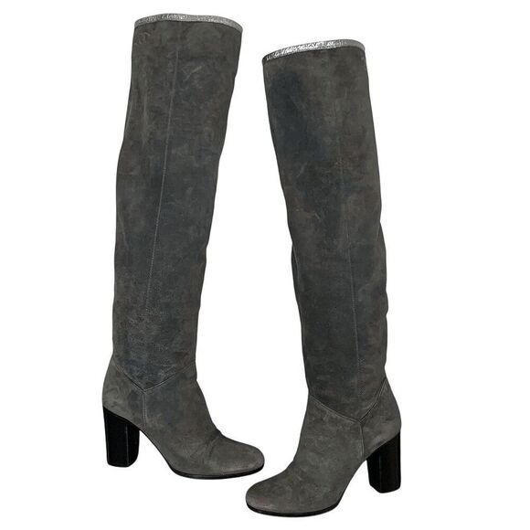 Chanel Interlocking C Grey Suede Fold Over Metallic Thigh Knee High Boots EU 38 - Picture 4 of 11